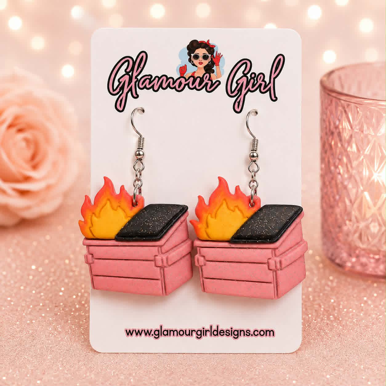 Pink Sparkly Dumpster Fire Earrings