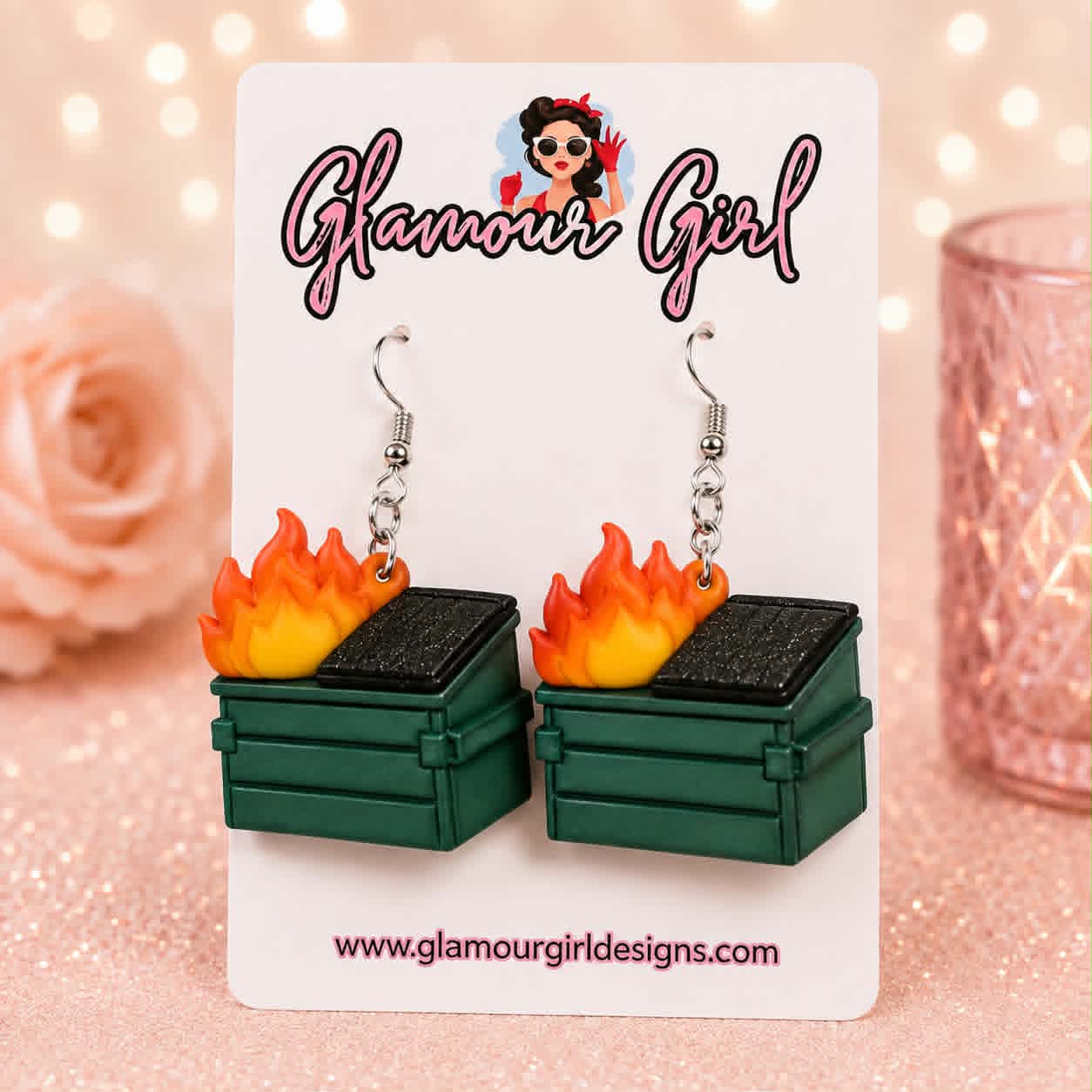 Green Flaming Dumpster Earrings