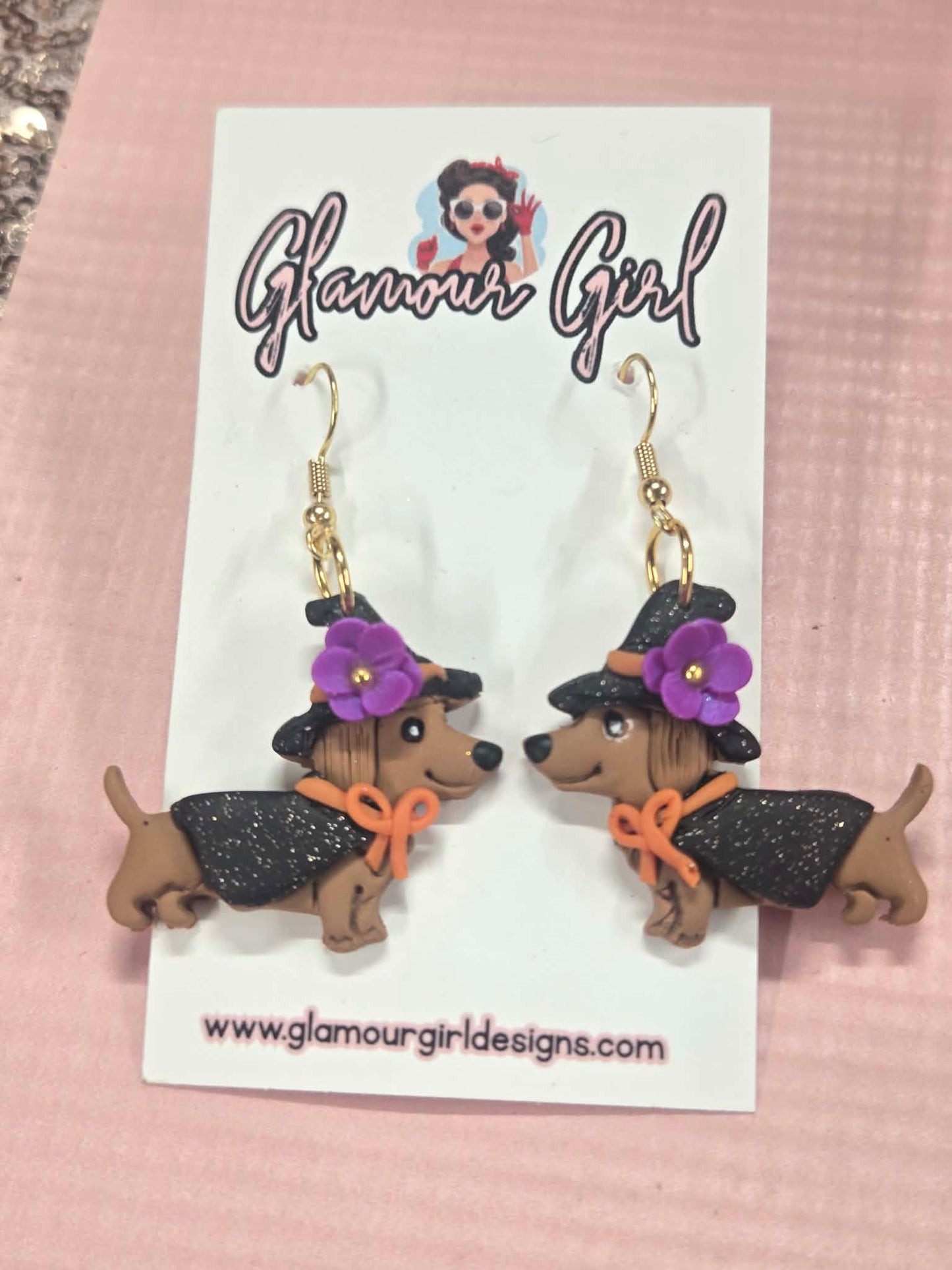 Floral Witch Dachshund Earrings