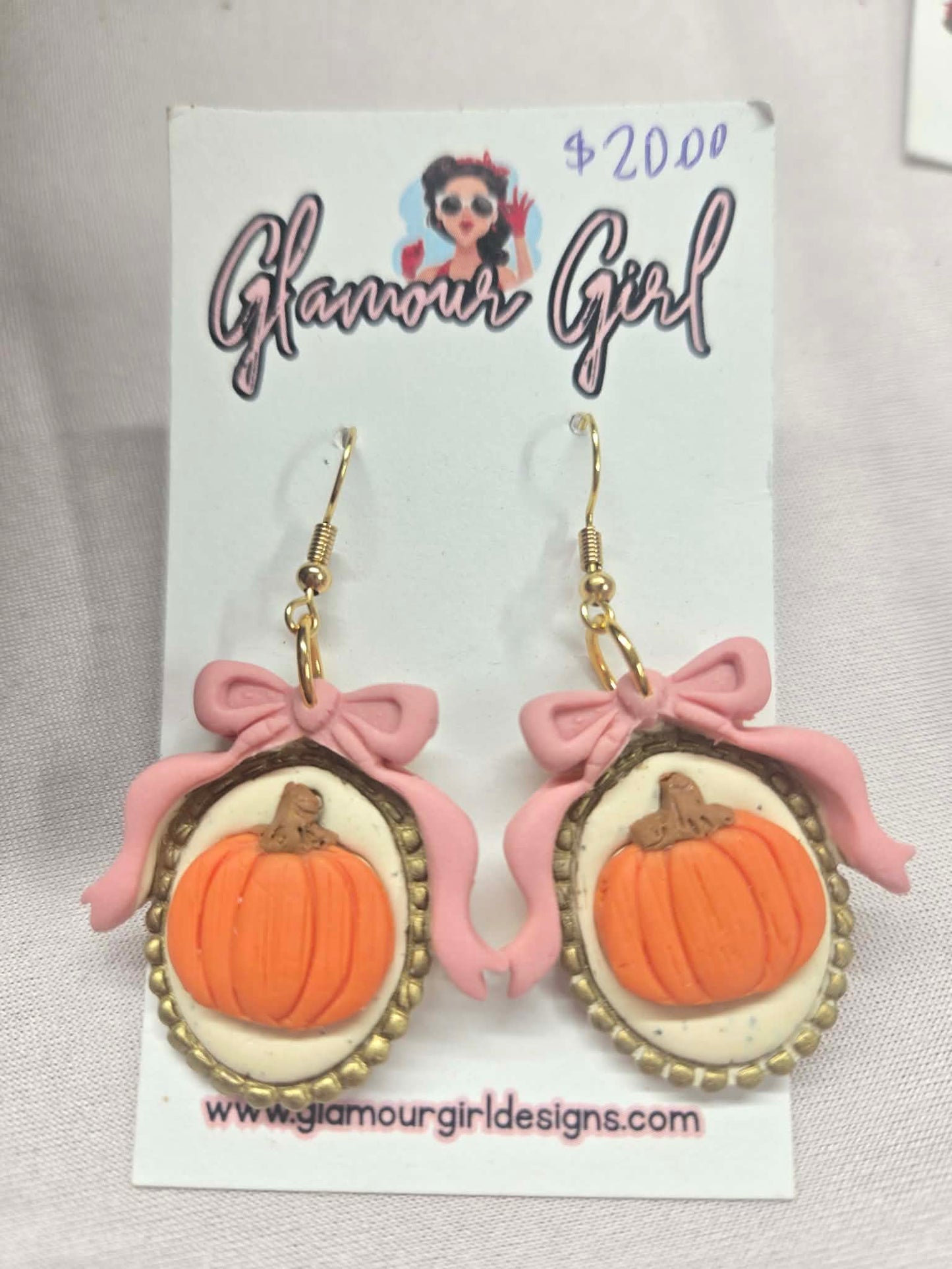 Pink Bow Pumpkin Cameo Earrings