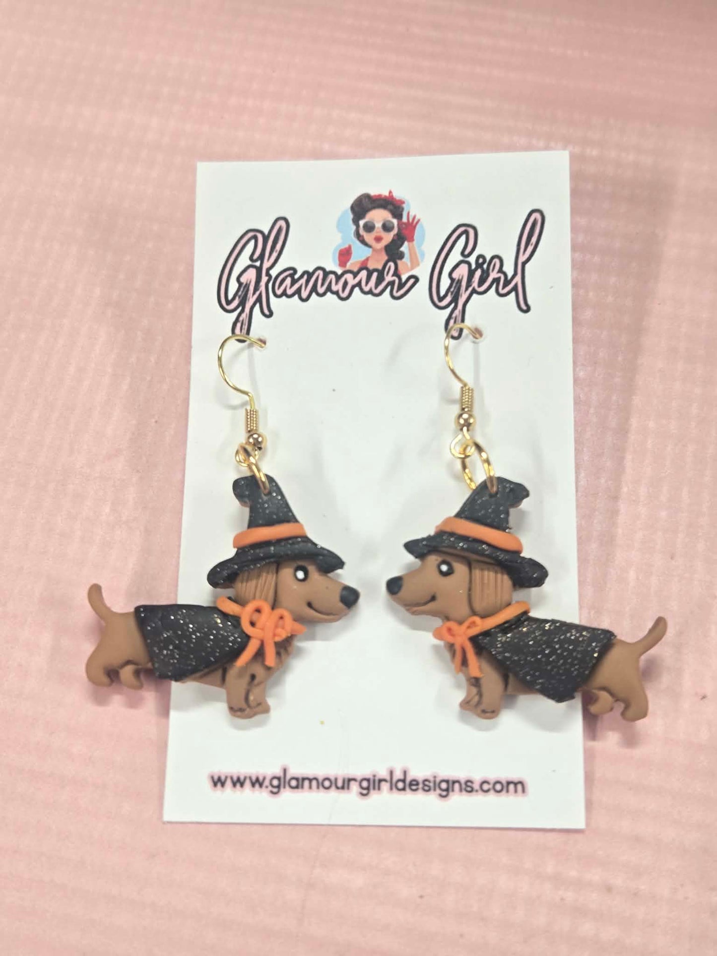Orange Witch Dachshund Earrings