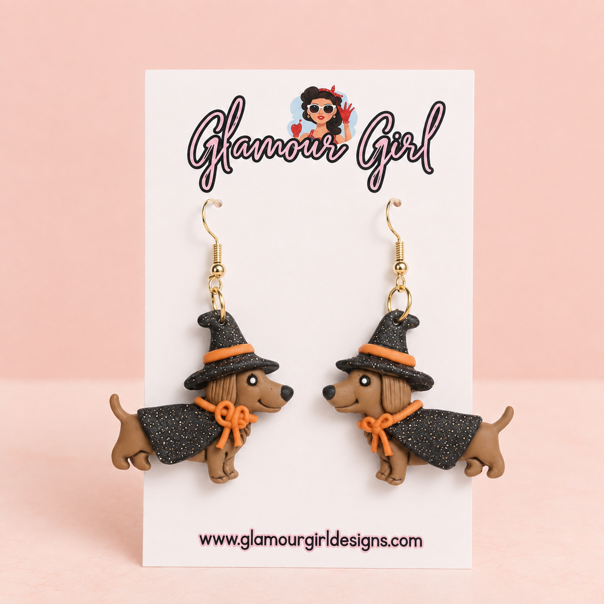 Orange Witch Dachshund Earrings