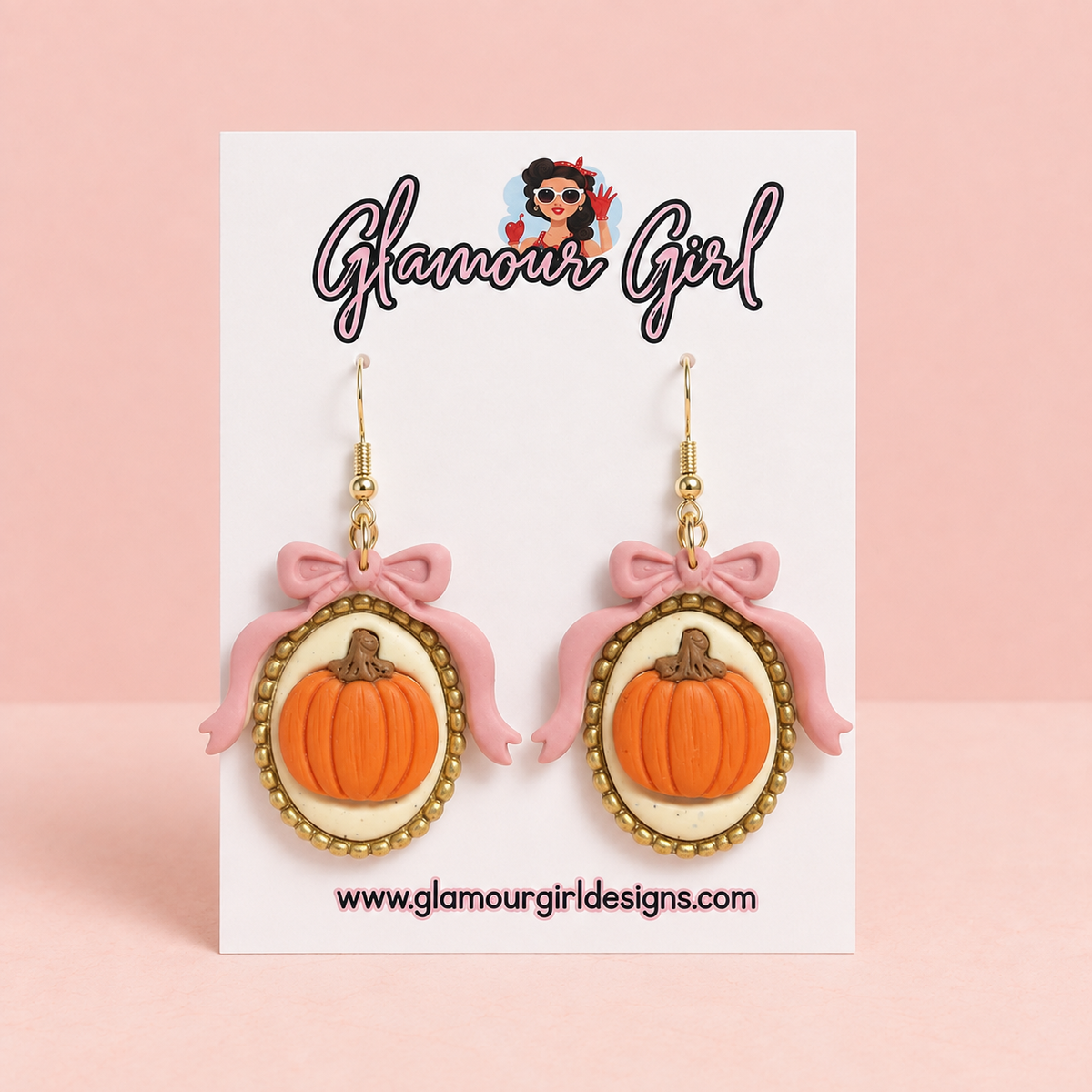 Pink Bow Pumpkin Cameo Earrings