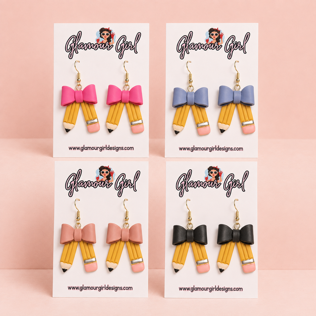 Yellow pencil dangle earrings with Hot Pink, Periwinkle, Peach and Black bows on white Glamour Girl cards against a pale blush background.