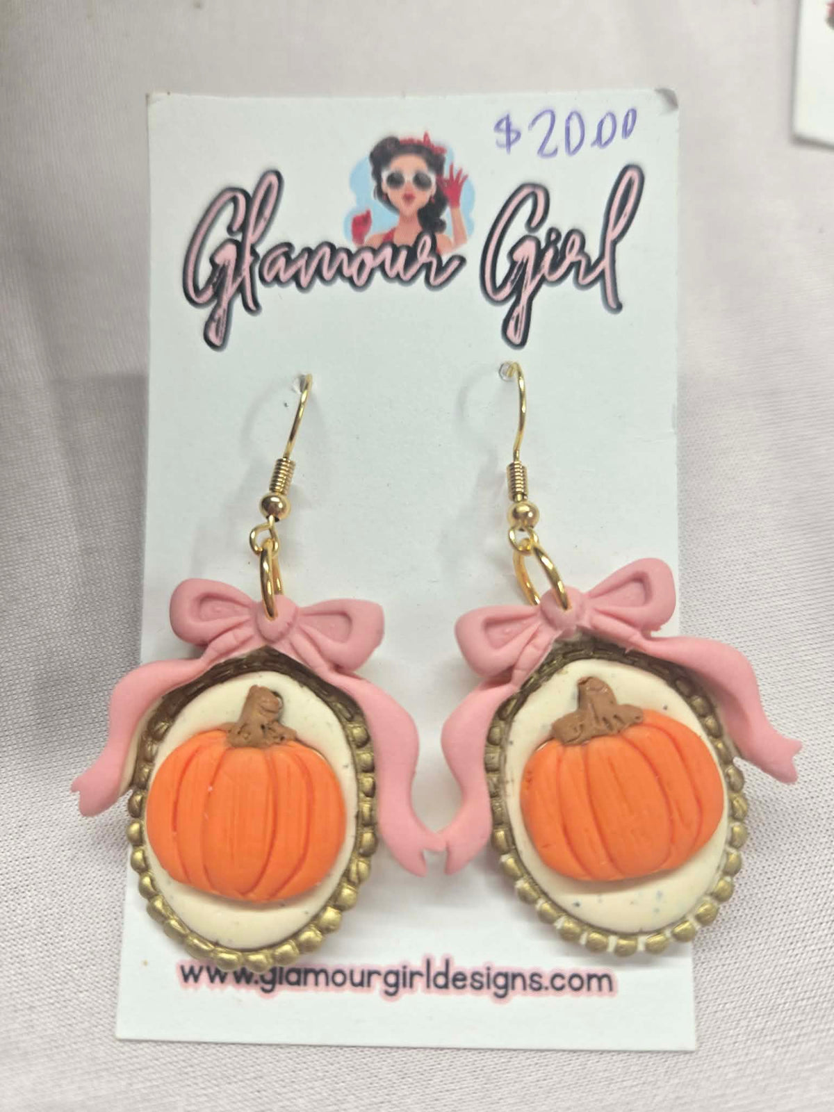 Pink Bow Pumpkin Cameo Earrings